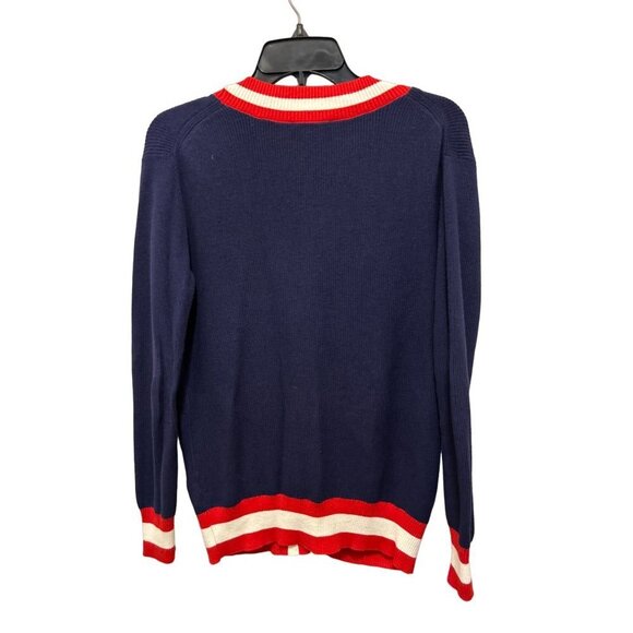 Minnie Rose Cotton Cashmere Cardigan with Front Pockets Blue Ribbed Red White - Picture 4 of 7